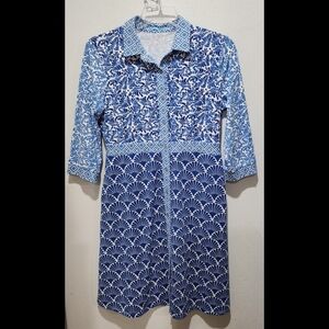 J McLaughlin Midi Shirt Dress Sz Large Button Stretch 3/4 Sleeve Pockets Coastal